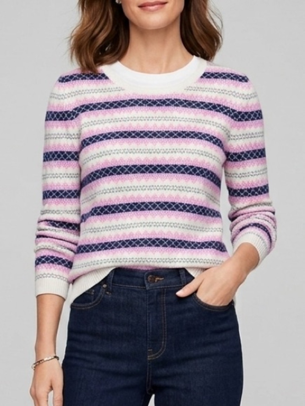 Talbots Fair Isle Stripe Full Back Zip Sweater Crewneck XS